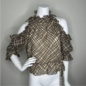 MAX STUDIO BROWN PLAID SHOULDER CUT OUT 3/4 SLEEVE BLOUSE XS RUNS BIG